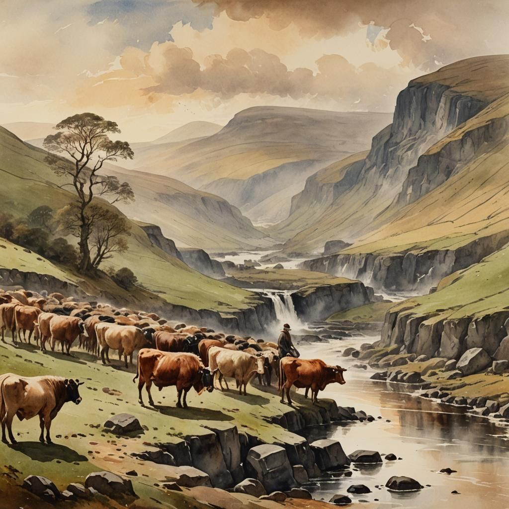 Drover with Cattle in Teesdale: Turner-Style Watercolour