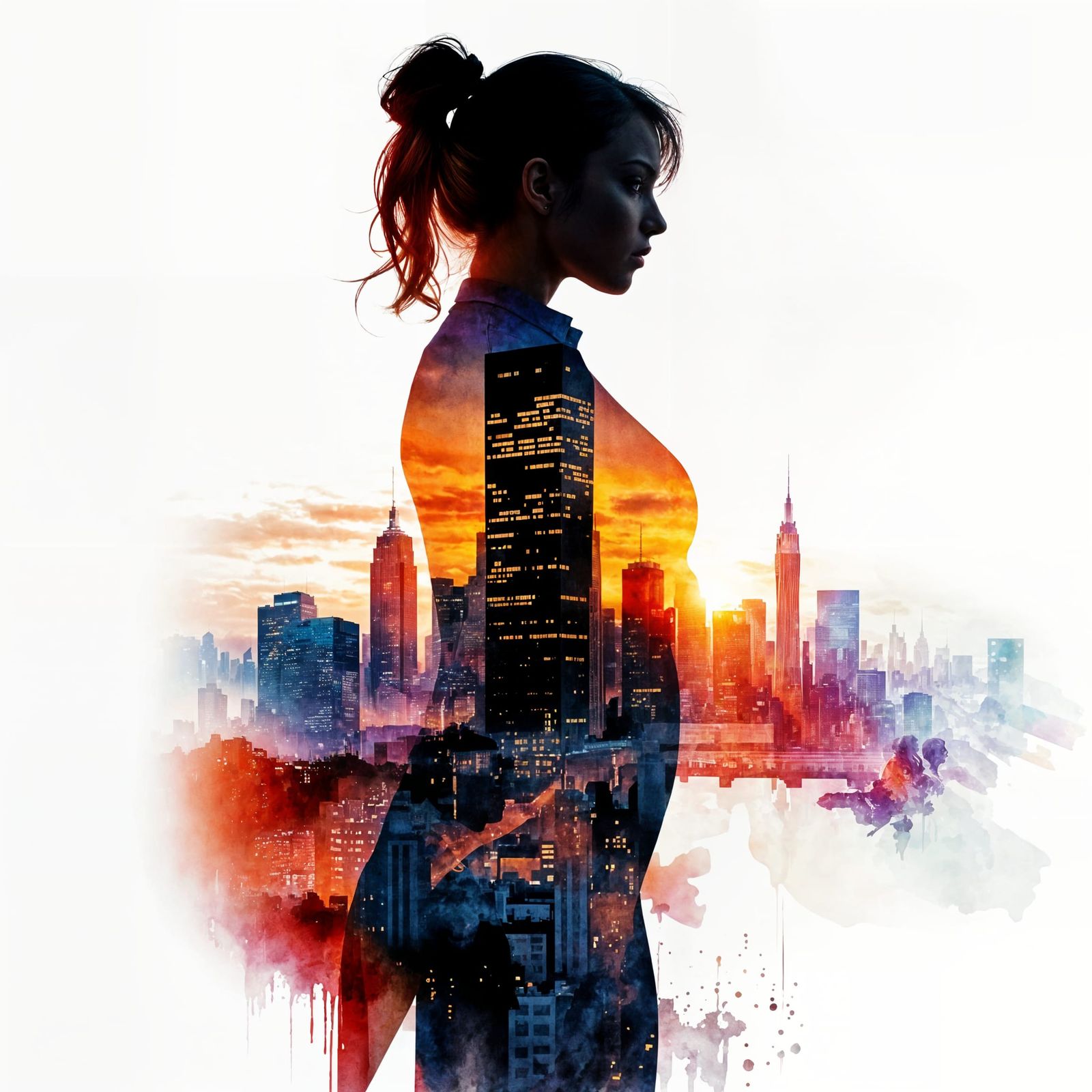 Watercolor Silhouette: Cityscape Double Exposure