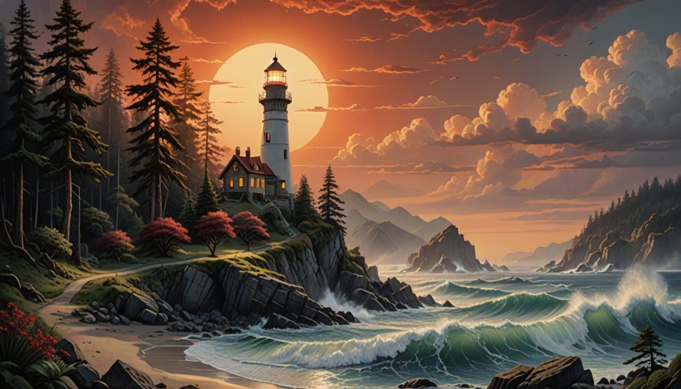 Hyperdetailed Island Landscape with Lighthouse and Surreal S...