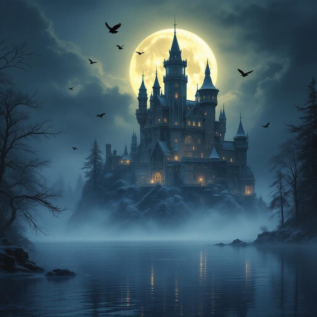 Glass Castle on Misty Lake at Night