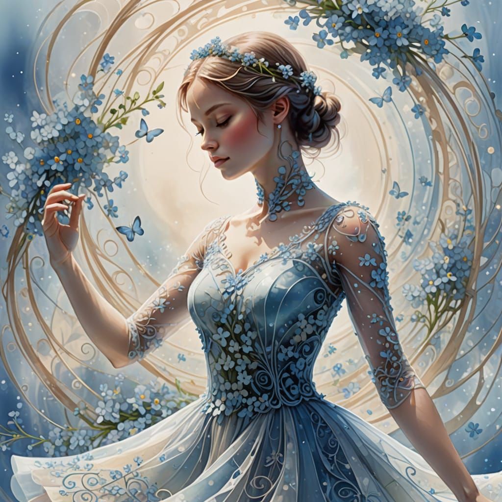 Ballerina Silhouette Amidst Forget-Me-Nots in Fractal Style