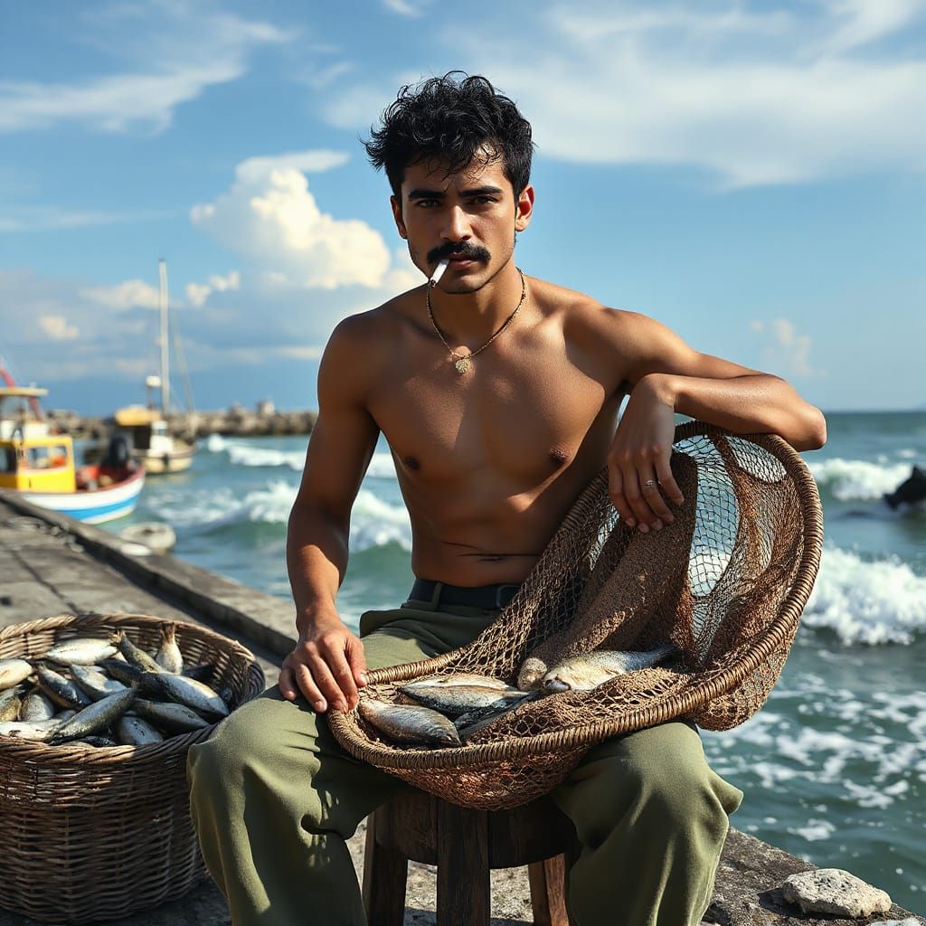 Sicilian Fisherman with Net in Digital Matte Painting Style