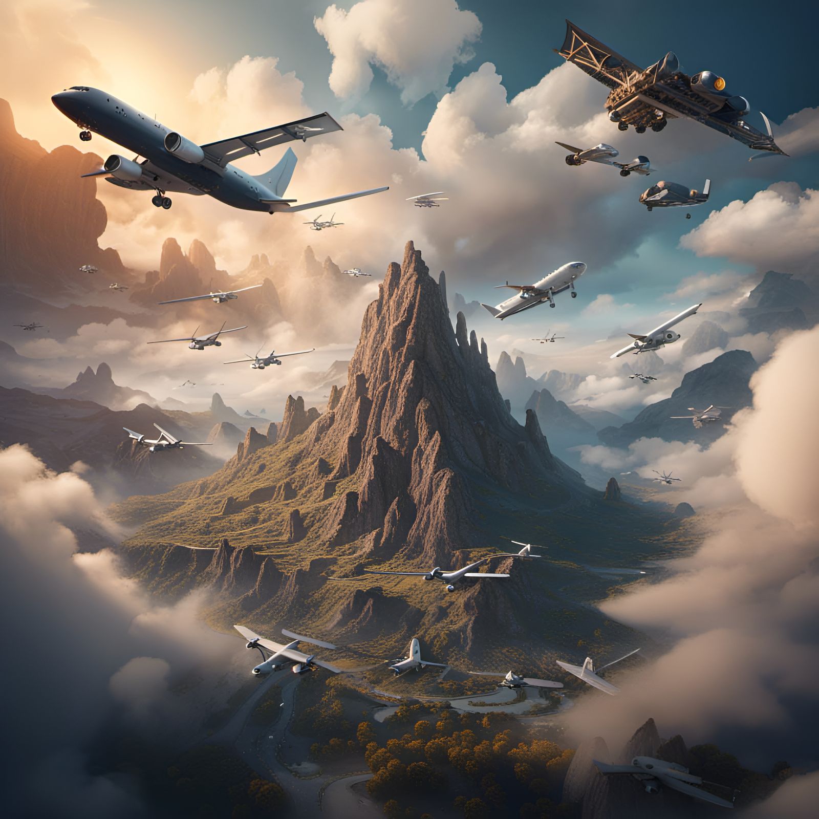 A mountain and the sky full of airplanes.