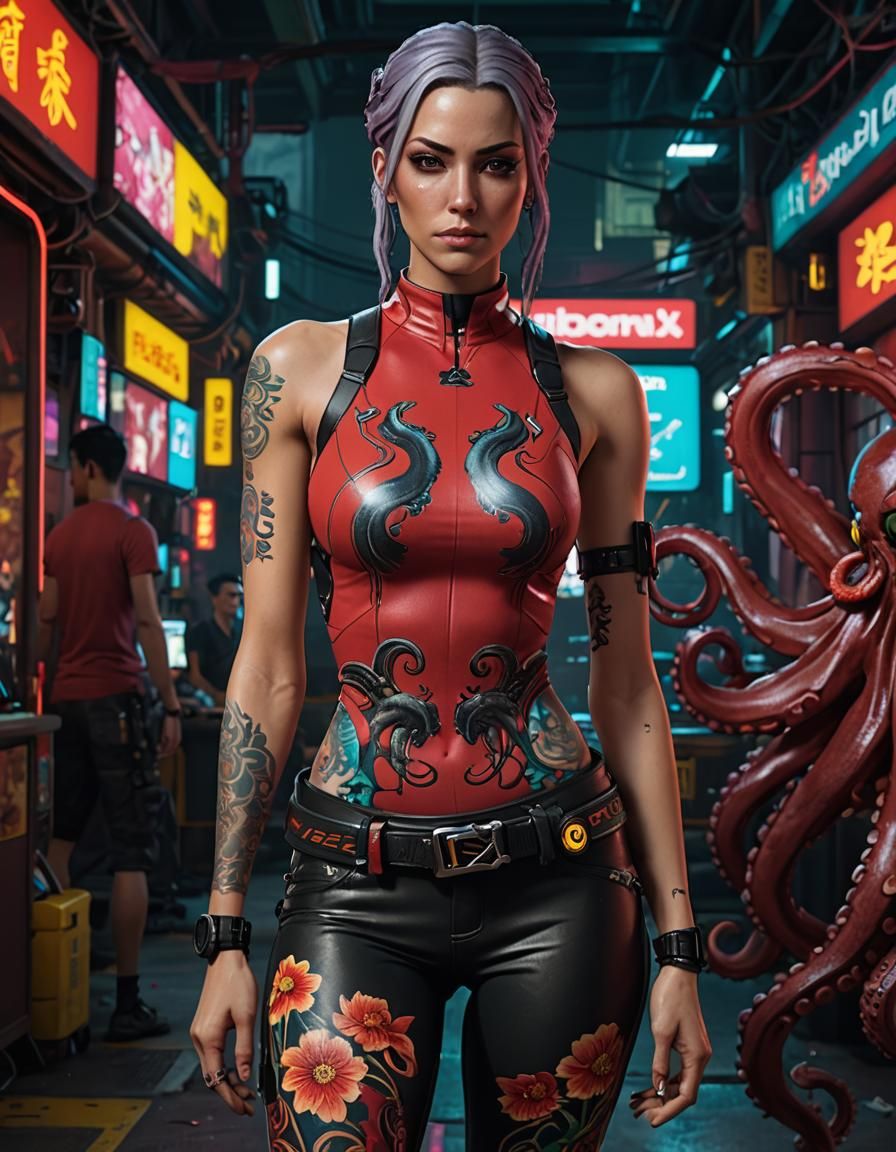 Cyberpunk Woman with Octopus Tattoo in Futuristic Apartment