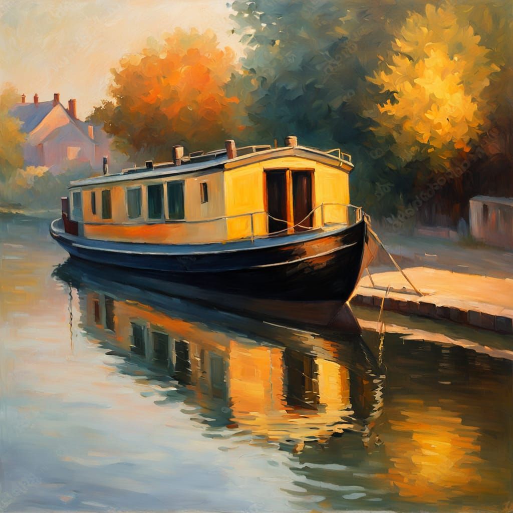 Impressionistic Houseboat on Canal in Golden Light
