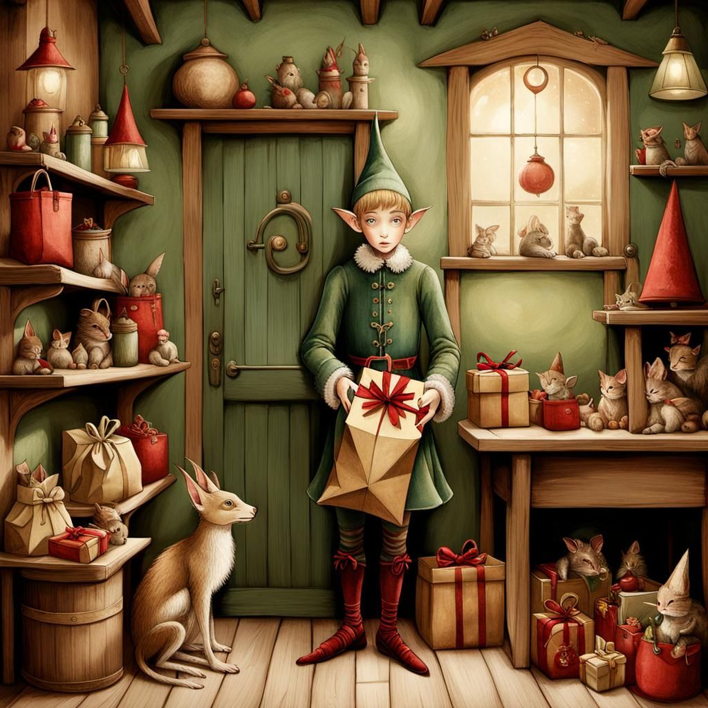A whimsical elf with pointy shoes and a gift sack, workshop background filled with toys, in the style of
Catrin Welz-Ste...