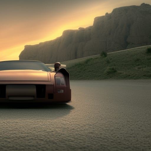 Car Silhouetted in Dramatic Sunset Digital Painting