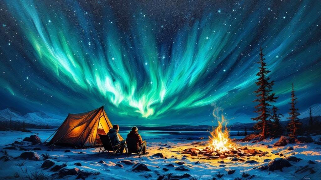 Campers Watch Neon Aurora: Neo-Impressionist Oil Painting