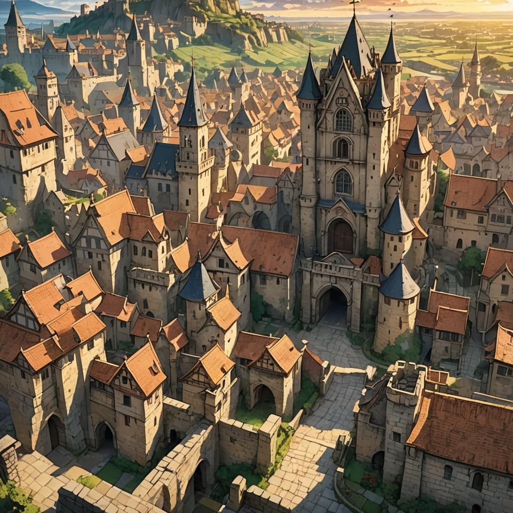 Medieval Fantasy Cityscape at Sunset