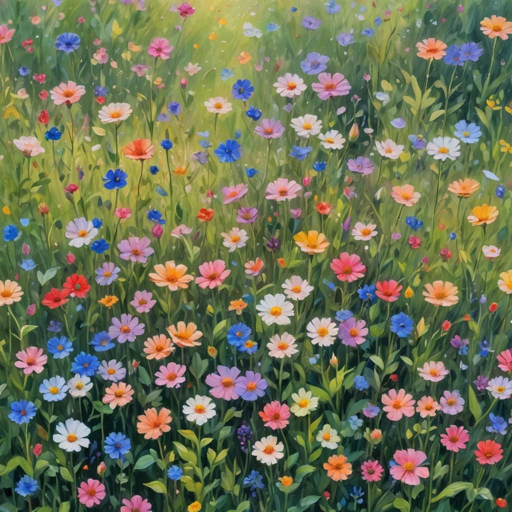 Impressionist Landscape with Rainbow Flowers in Bloom