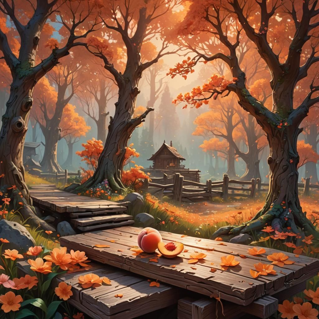 Rustic Peach Still Life in Magical Matte Painting Style