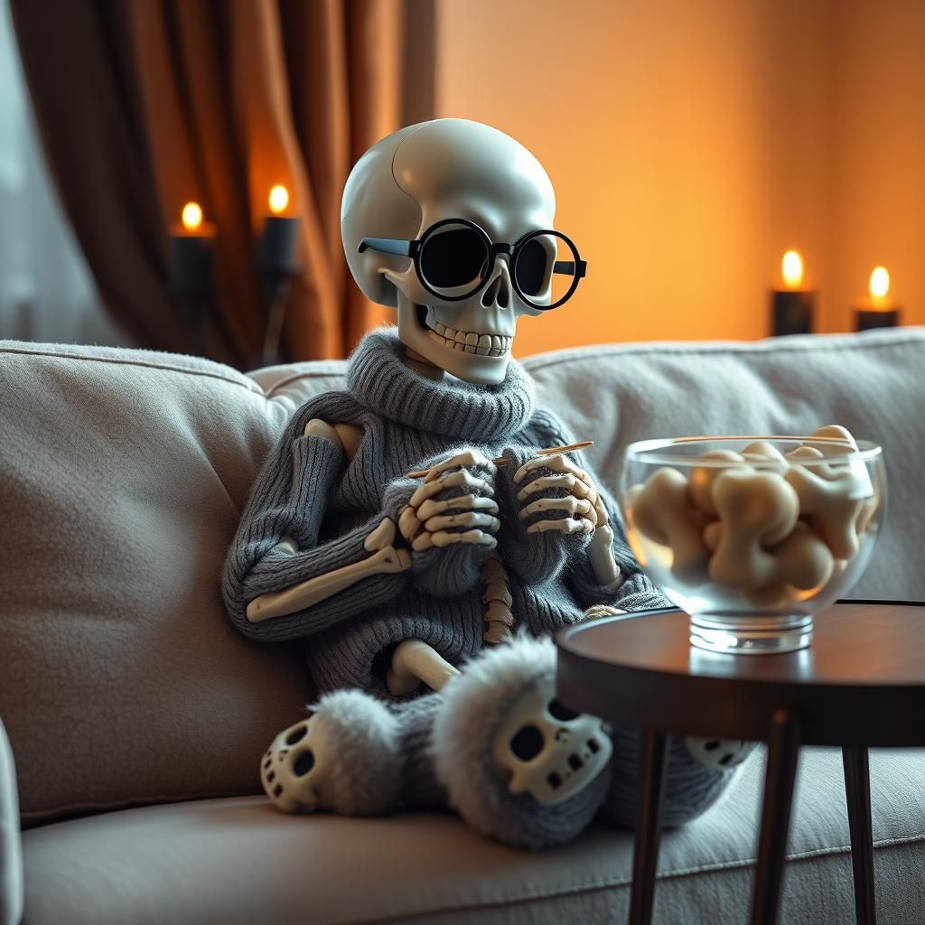 Cozy Skeleton Knitting a Scarf in Warm Light