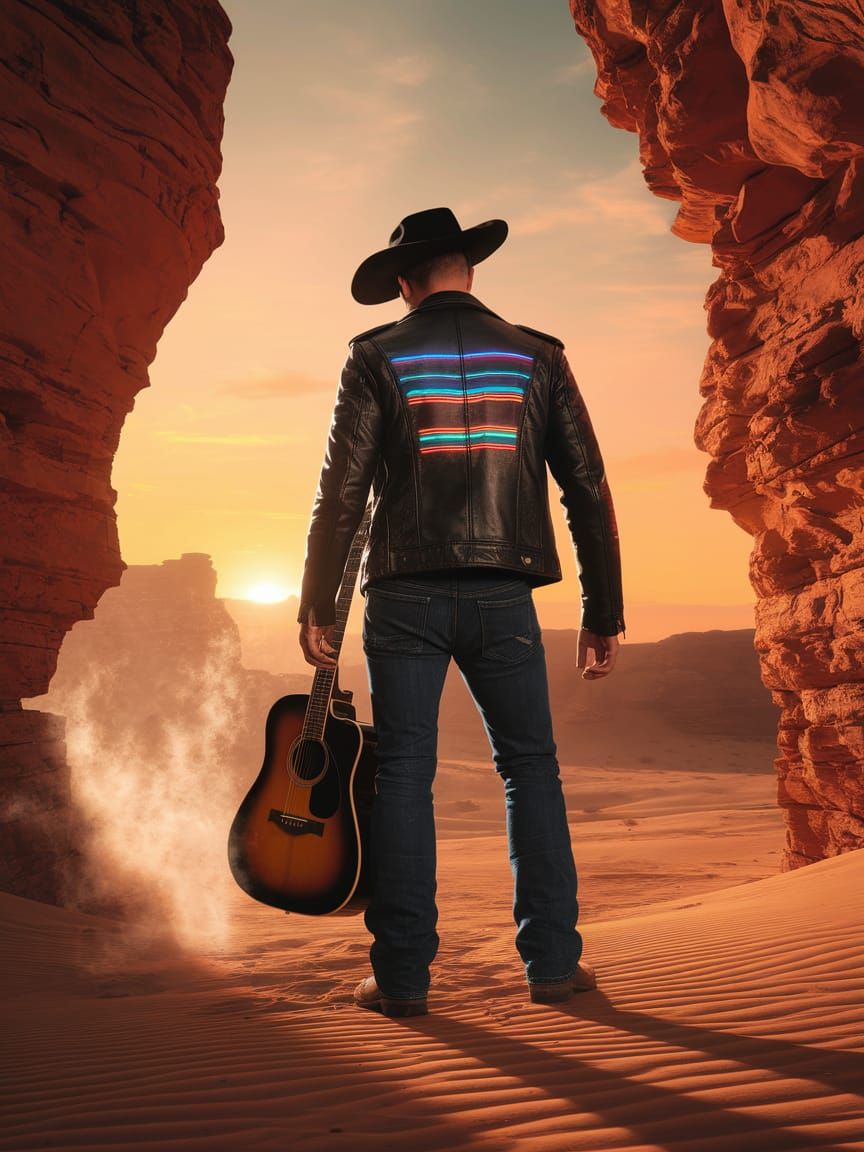 Cowboy with Cyberpunk Jacket in Desert Sunset