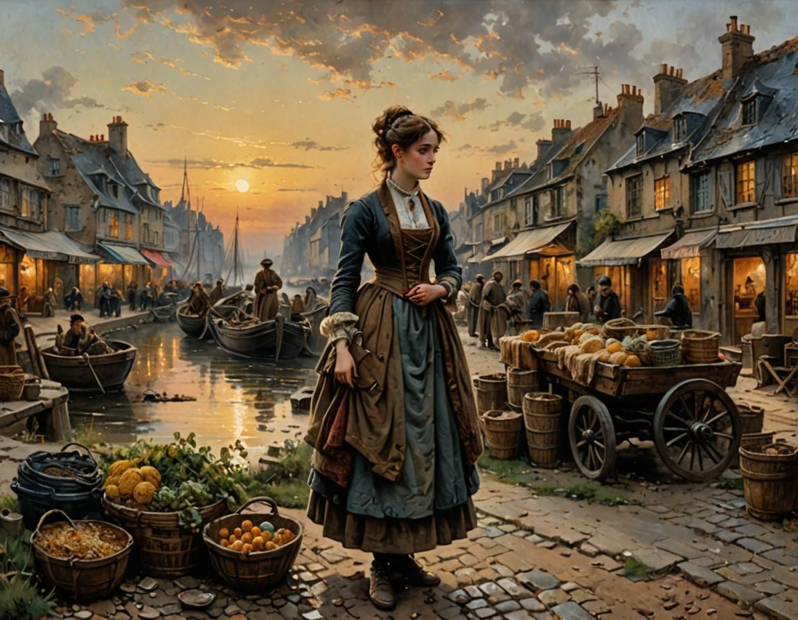 Sad Merchant Girl Begging in 1800s France