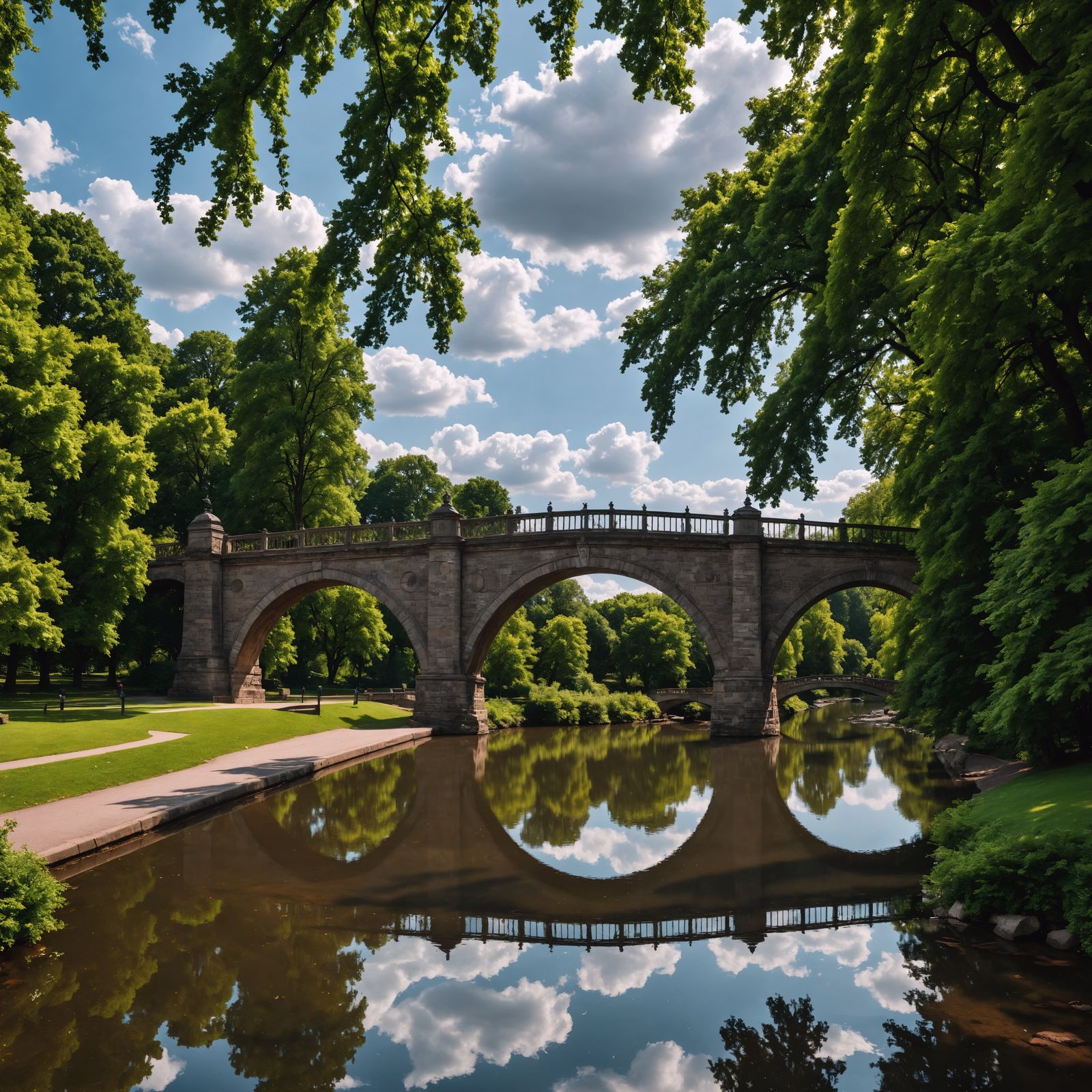Hyperrealistic Bridge Over River in City Park