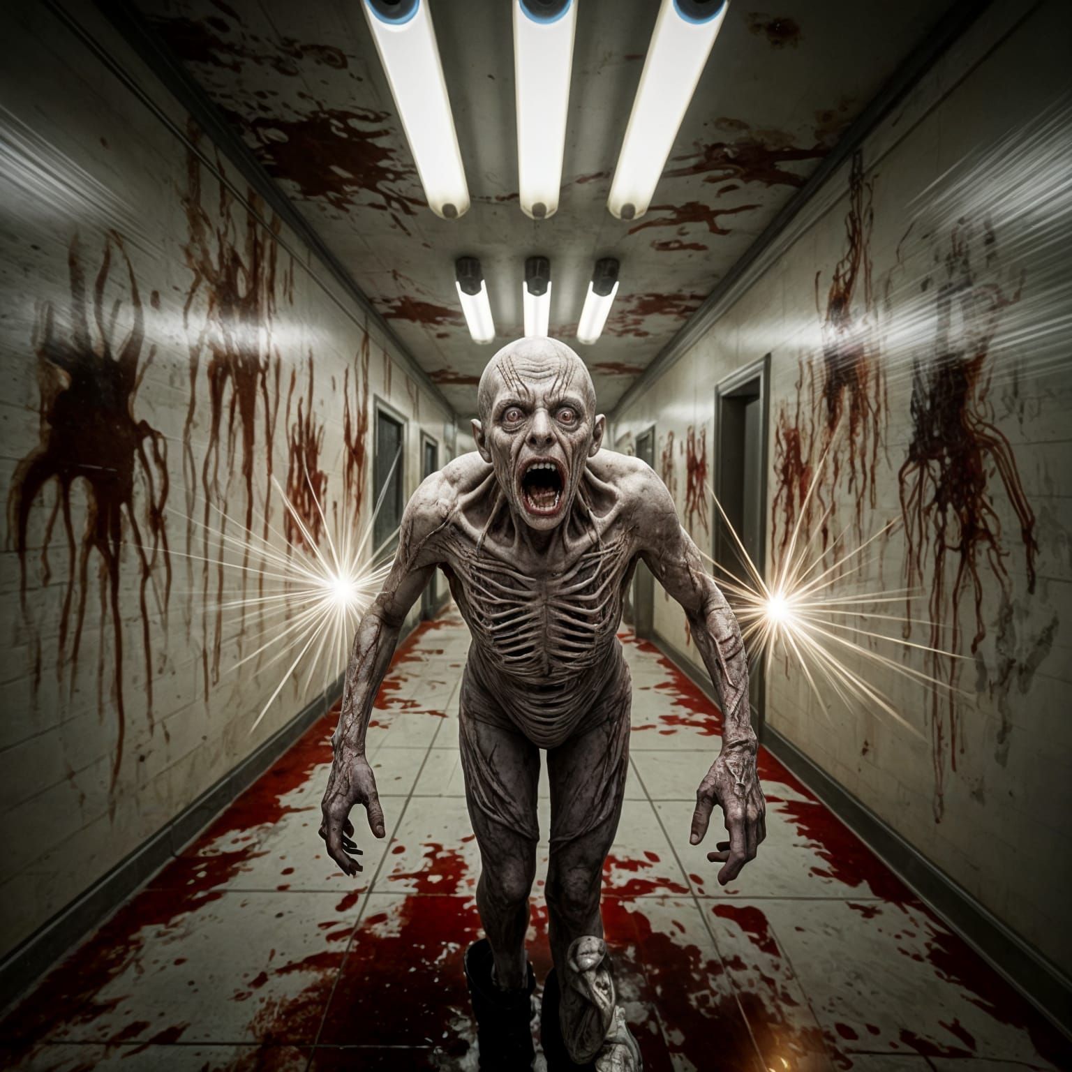 Nightmarish Asylum Hallway with Ghostly Figure