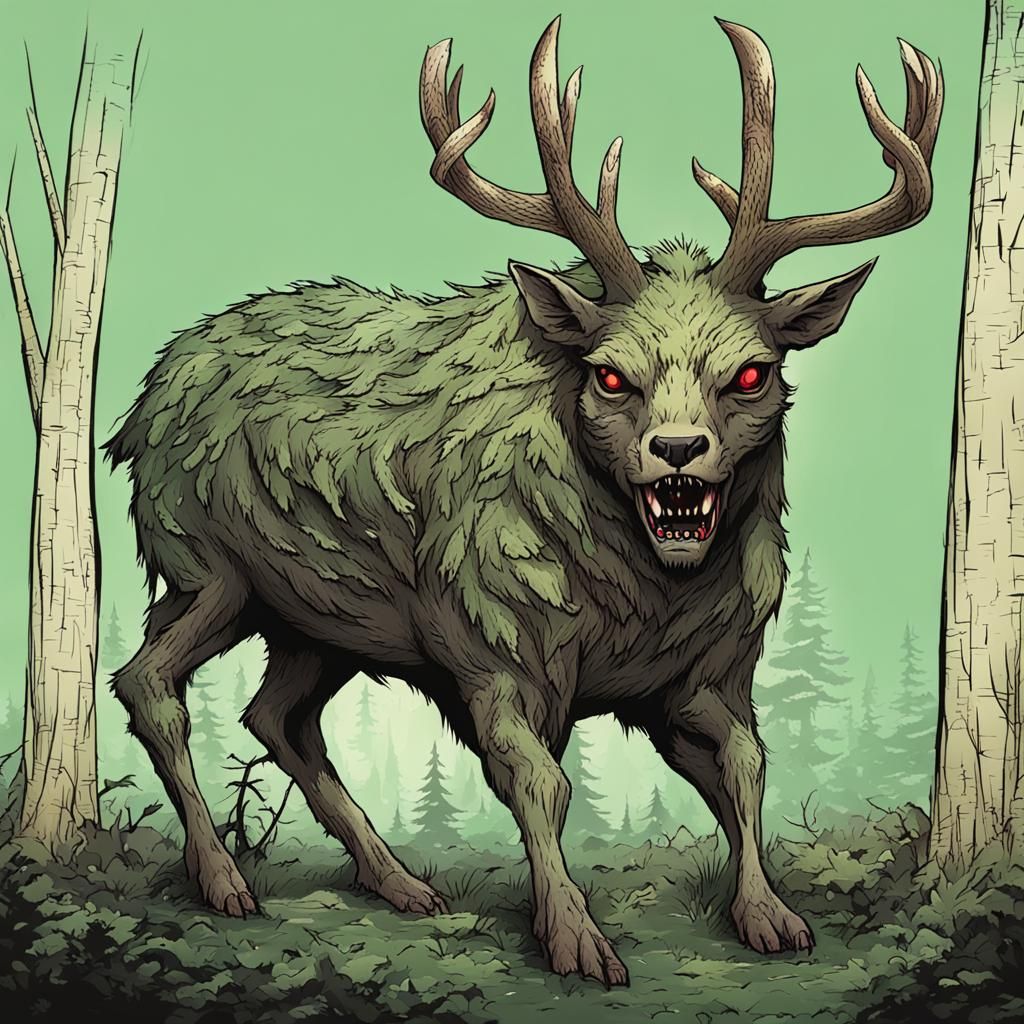 Creepy Deer Monster in Dark Forest