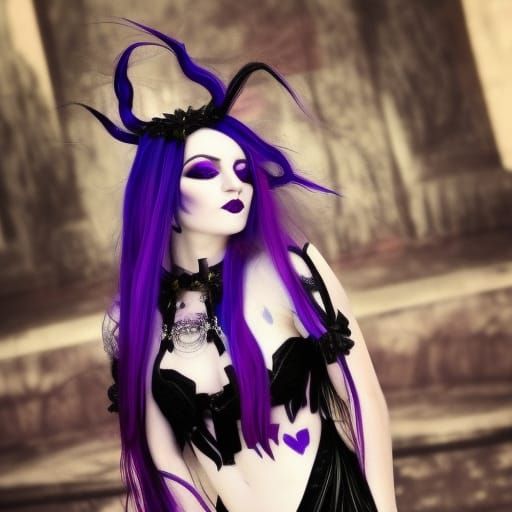 Ethereal gothic siren with long flowing purple hair with cobalt blue highlights& cobalt blue eyes& Black eyeshadow with ...