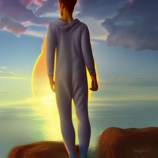 Teen Boy Watches Sunset in Detailed Matte Painting