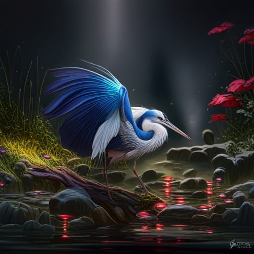 Geisha Fantasy Fish Heron in Detailed Matte Painting