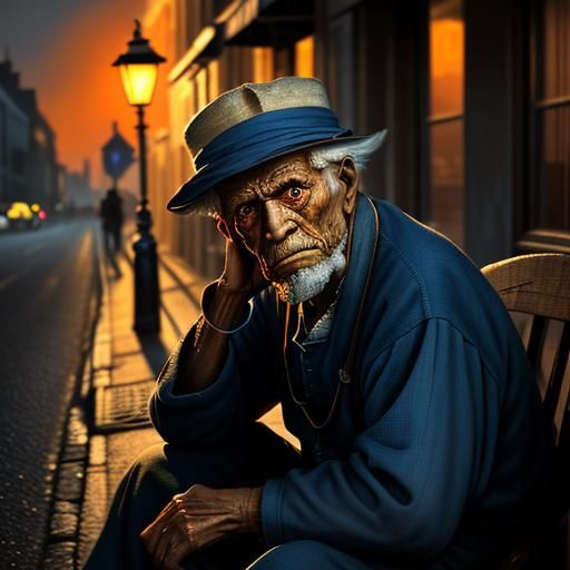Elderly Beggar Asks for Likes: Impressionist Painting