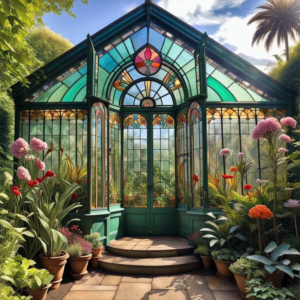 Art Deco Victorian Greenhouse with Lush Plants