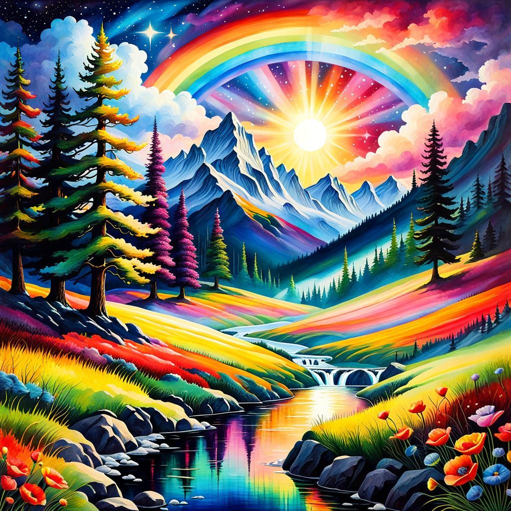 Rainbow Landscape Illustration in Oil, Watercolor, and Ink