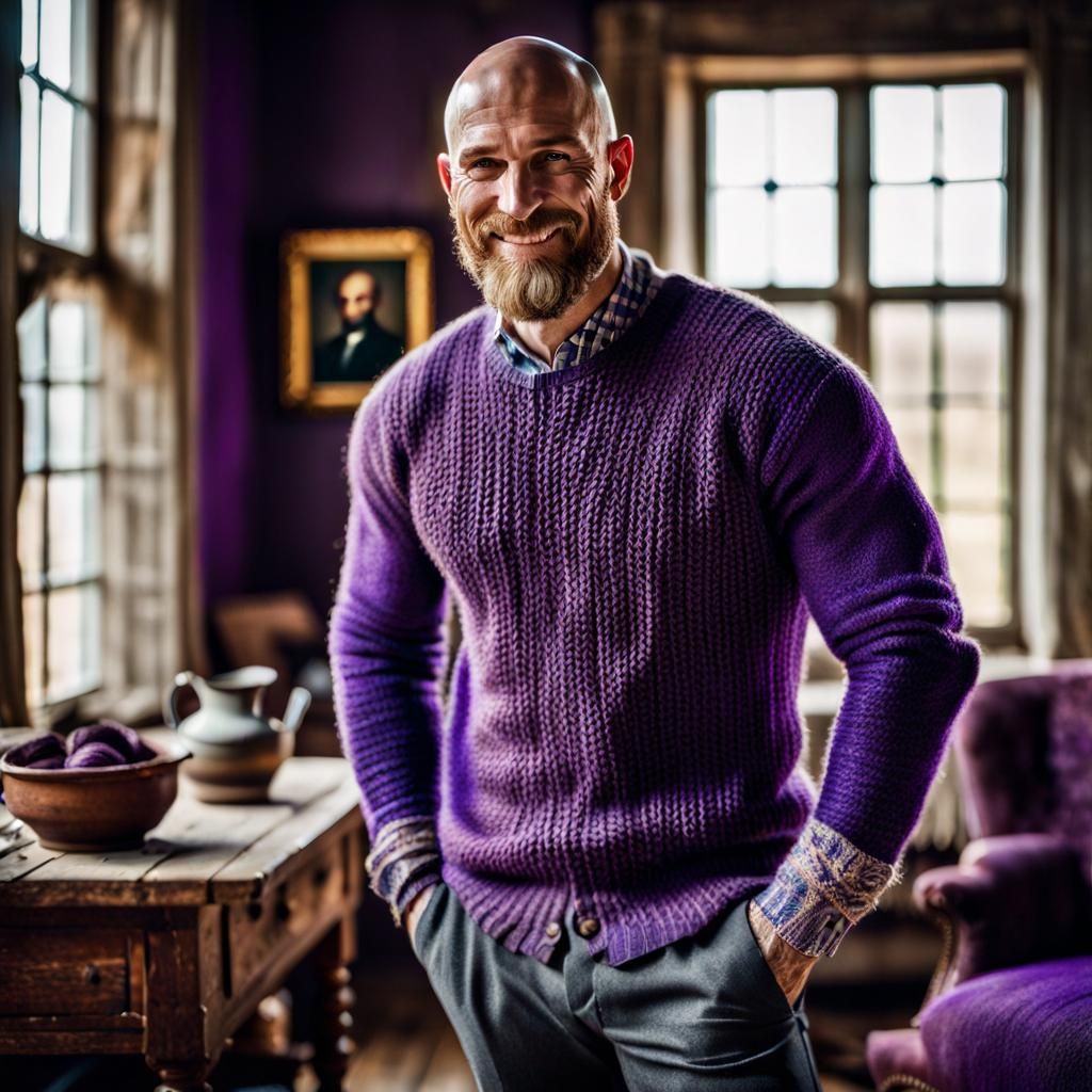 Handsome man in purple knitted sweater