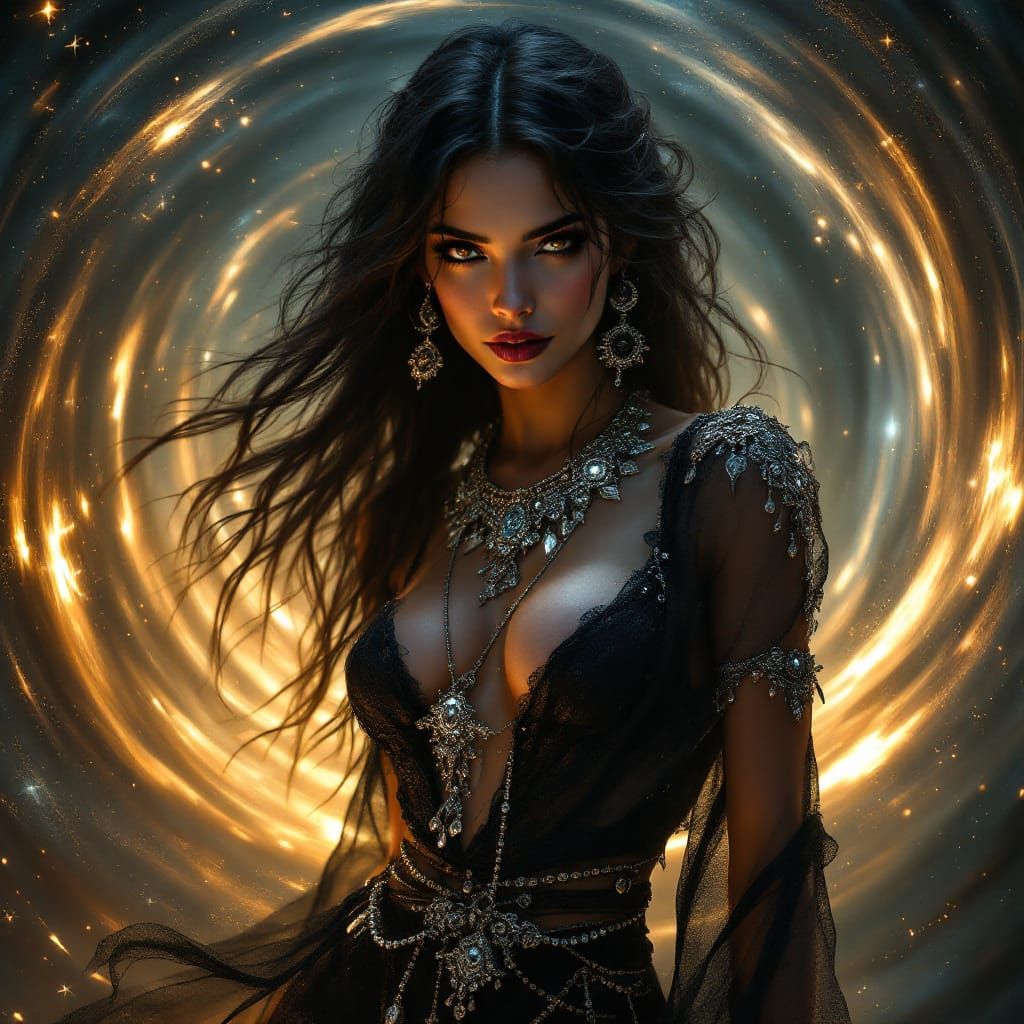 Gypsy Woman Before Cosmic Vortex in Dark Art Style
