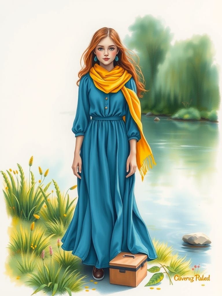 Woman at Riverbank in Dreamy Pastel Illustration