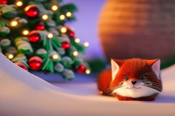 Adorable Kitten on Christmas Present, Ultra Realistic