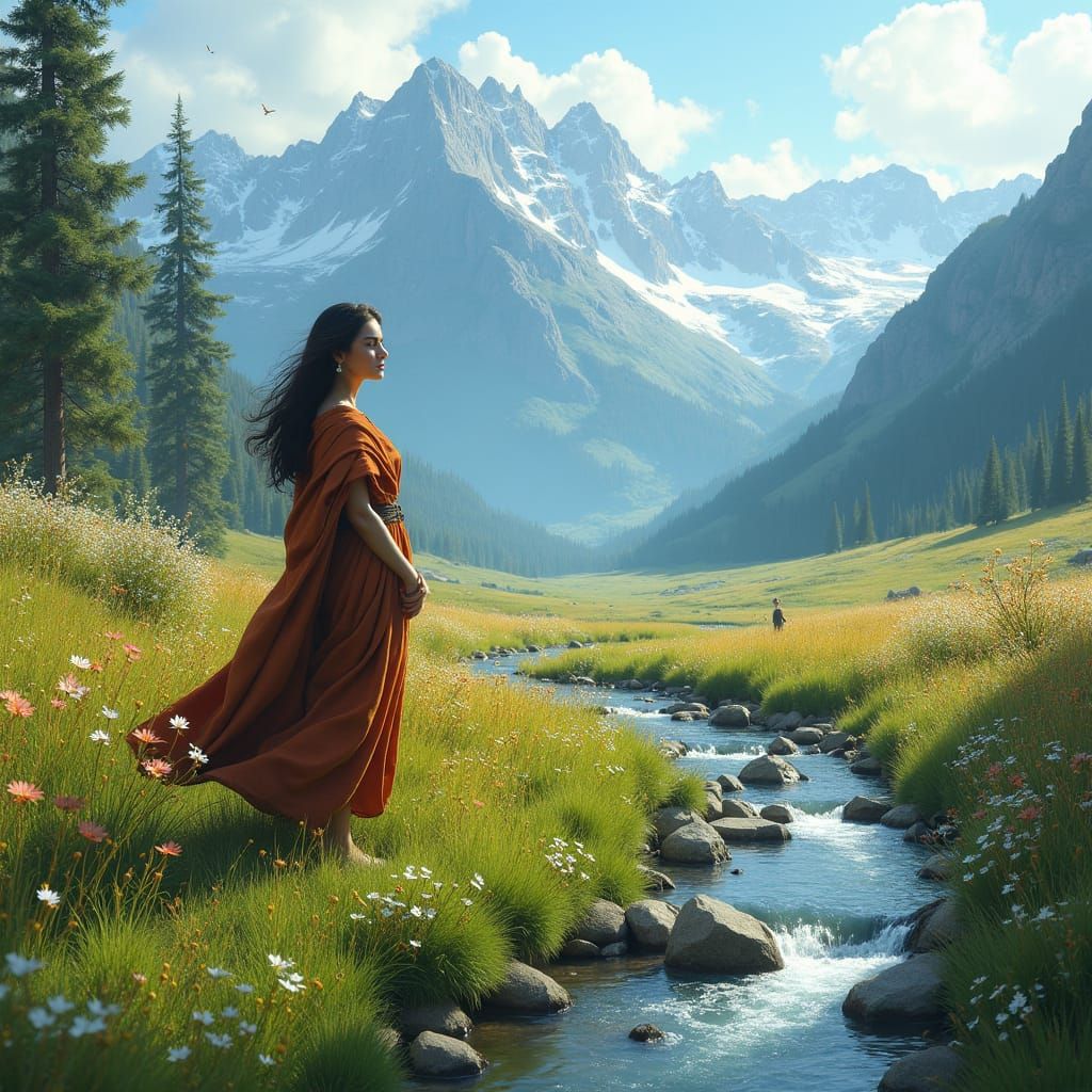 Resilient Woman in Lush Meadow, Fantasy Landscape