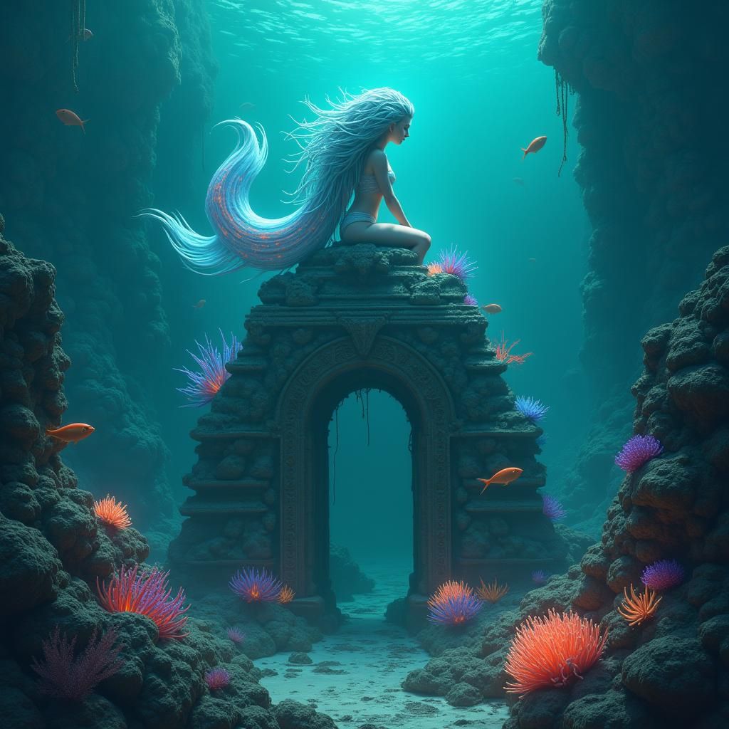 Majestic Bioluminescent Siren on Sunken Temple