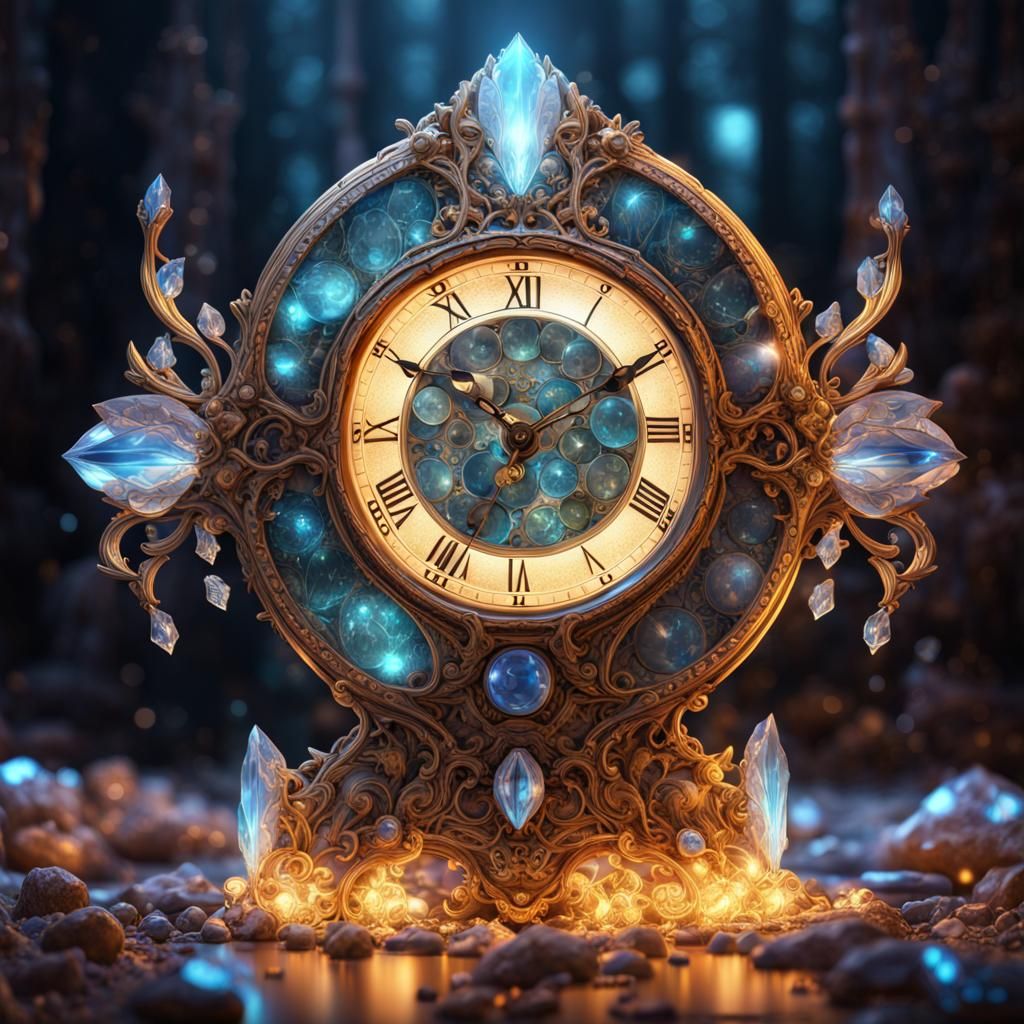 Bioluminescent Crystal Clock Among Precious Stones