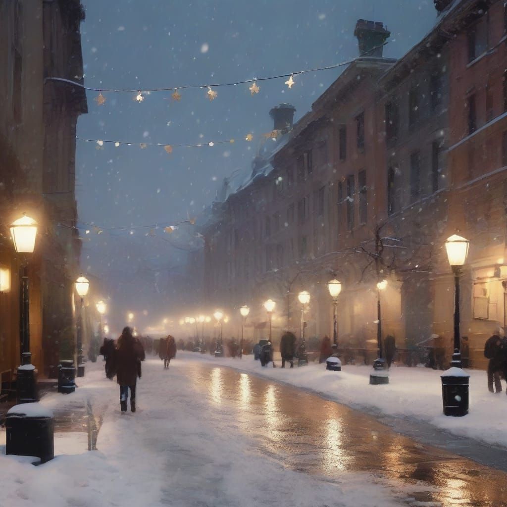 Vibrant City Square in Winter: An Oil Painting