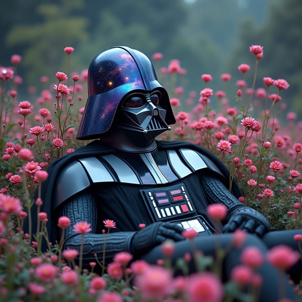 Darth Vader Surrounded by a Vibrant, Surreal Garden