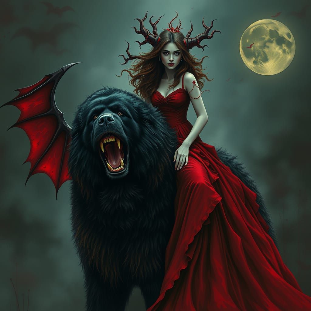 Ethereal Vampire Woman with Newfoundland Dog in Crimson Bloo...
