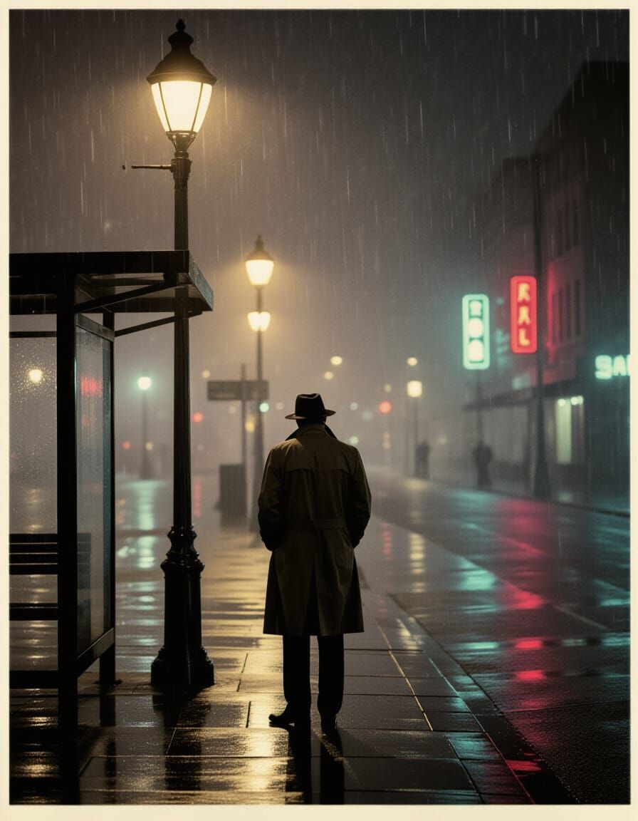 Film-Noir Man at Bus Stop in Foggy Night