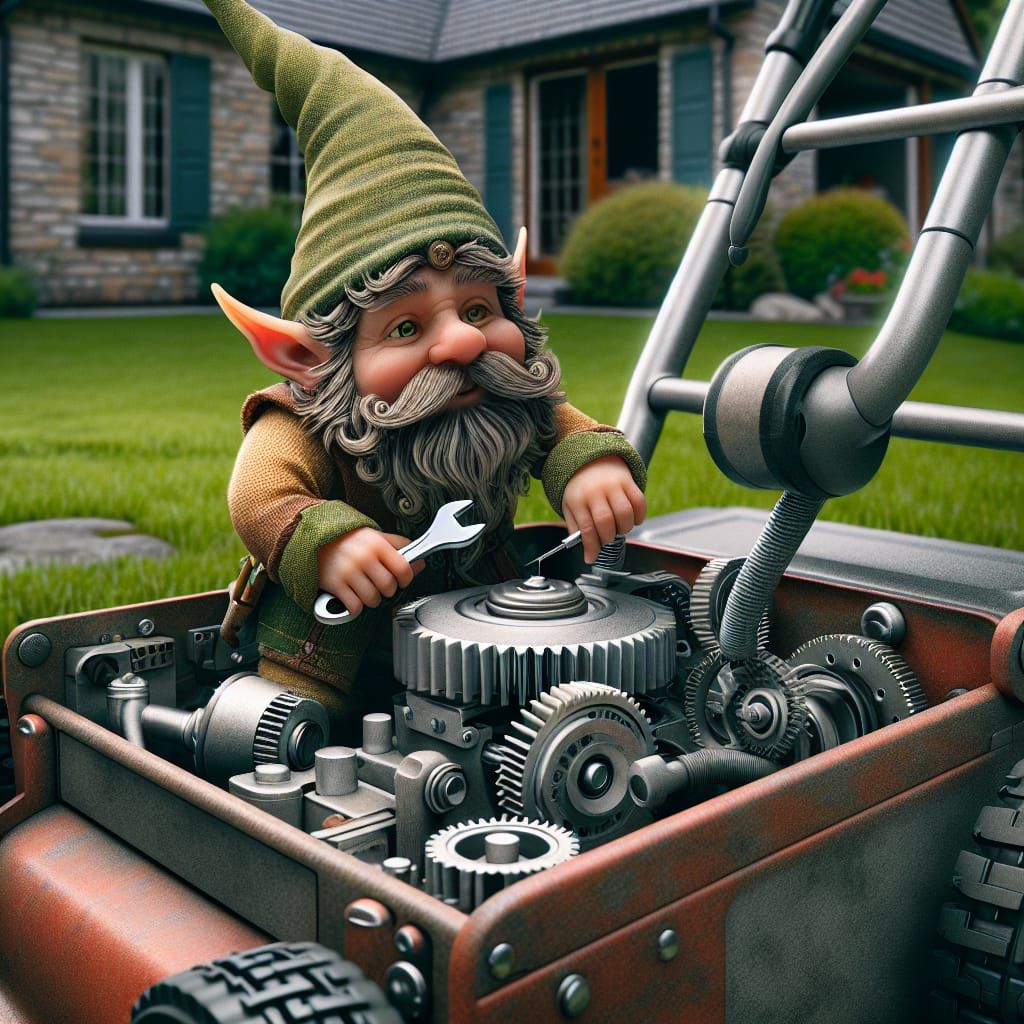 Fantasy Dwarf Repairs Lawnmower in Surreal Scene