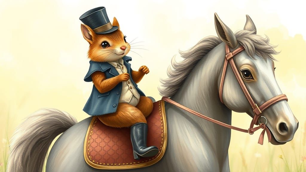 Squirrel in Dignified Top Hat Rides Majestic Pony in Sunny M...