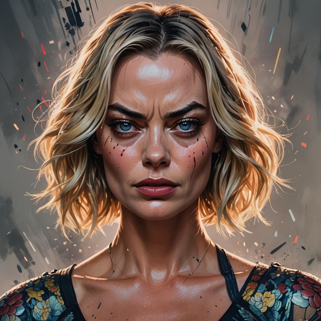 Furious Margot Robbie Portrait in Hyperrealistic Digital Art