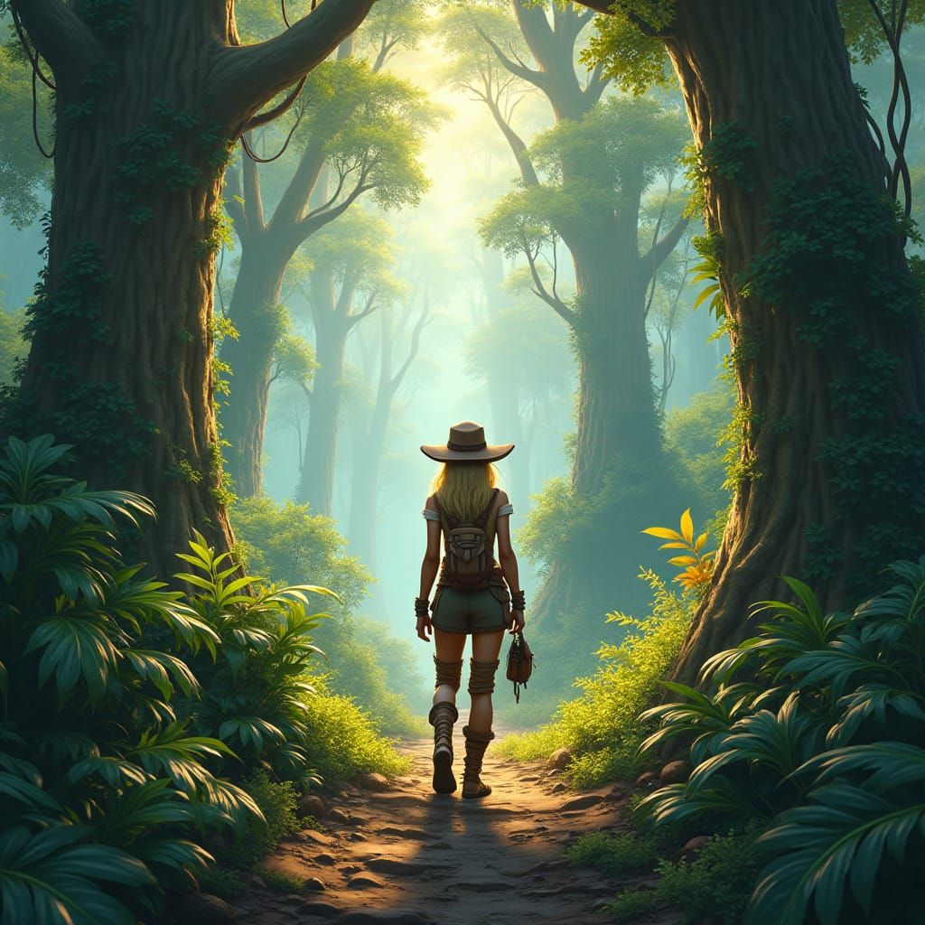 Blond Adventurer in Lush Jungle, Matte Painting