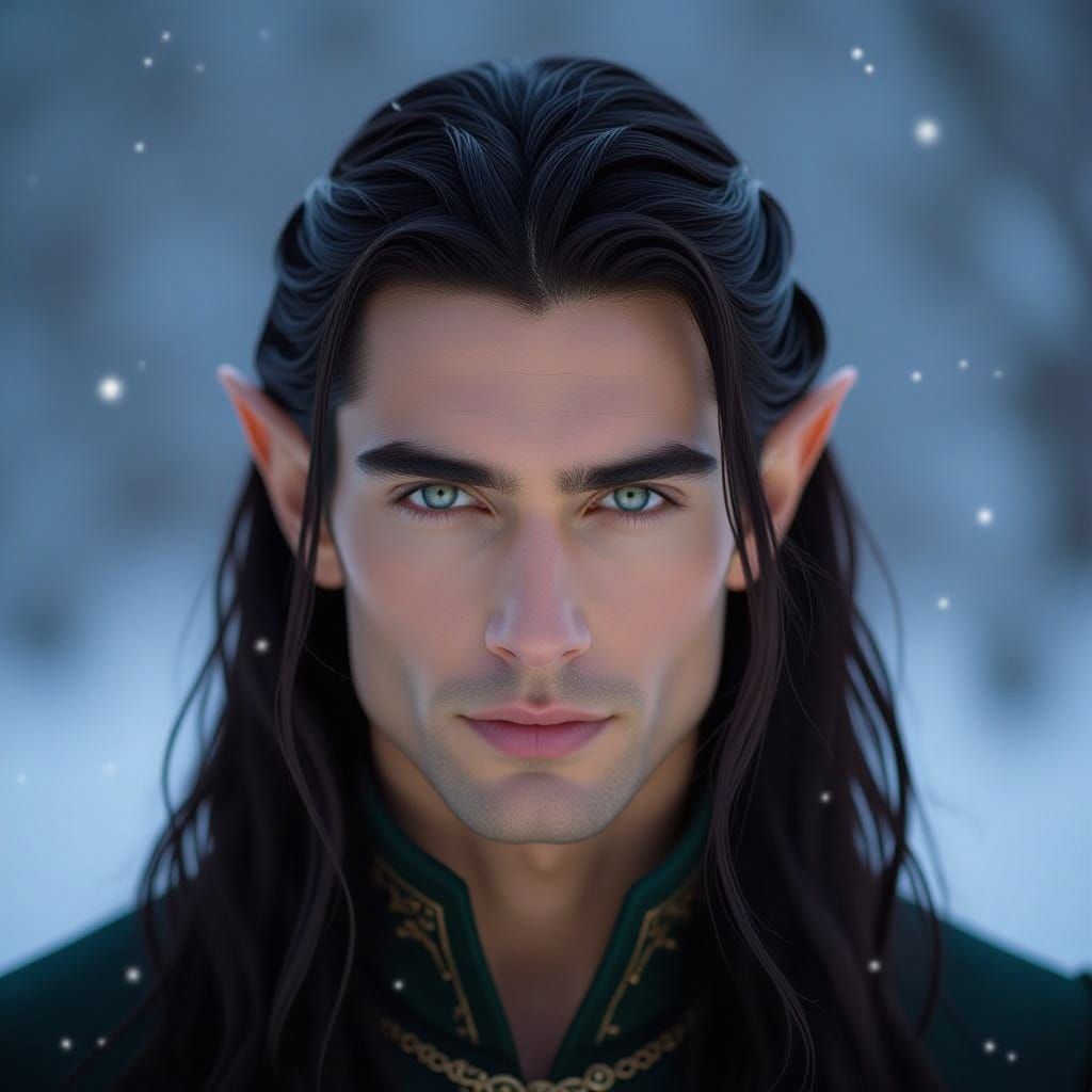 Handsome Elven Male with Dark Hair and Piercing Grey-Blue Ey...