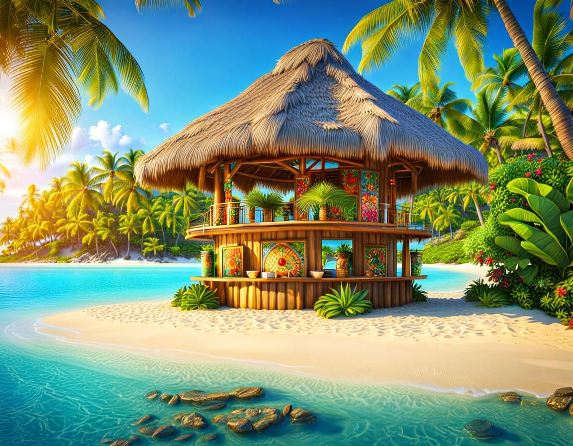 Tropical Island Oasis with Tiki Bar in 3D