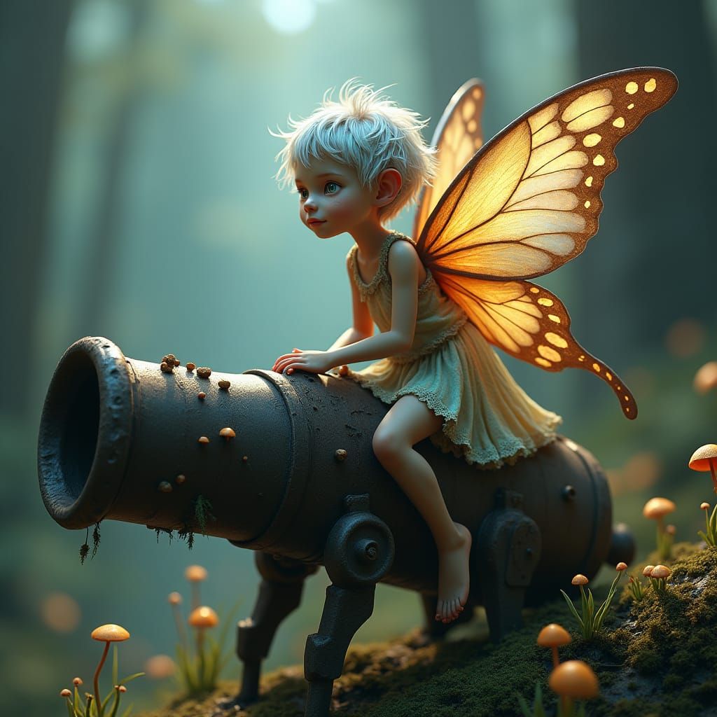 Fairy Rides Walking Cannon in Art Nouveau Style