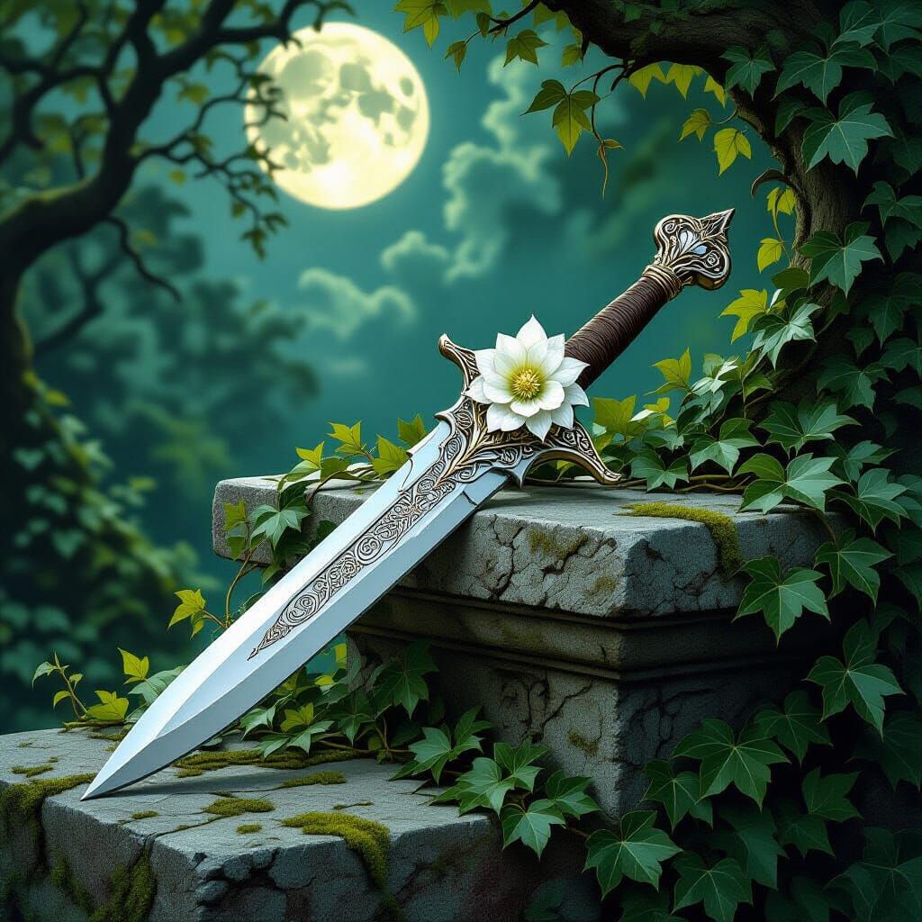 Silver Dagger with Hellebore Hilt in Moonlit Grove