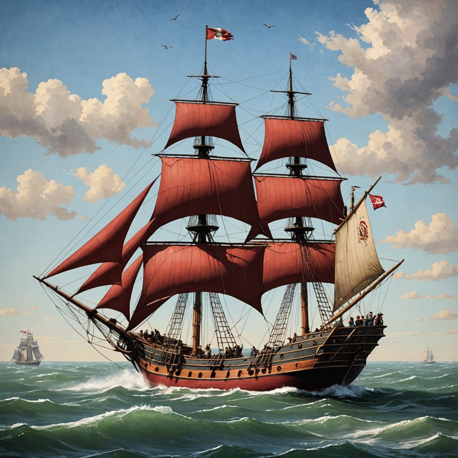 Brigantine Ship with Red Sails in Storybook Style
