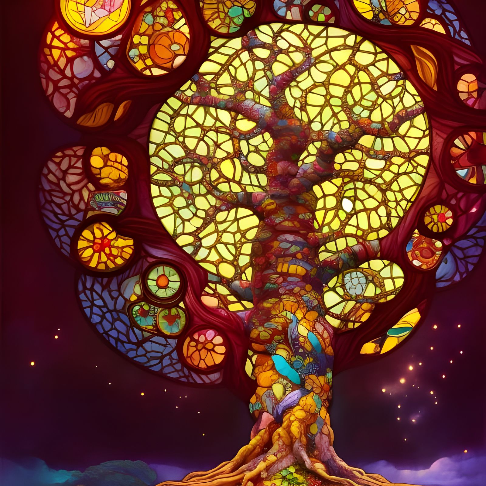 Ancient Tree Stained Glass Window in Anime Style