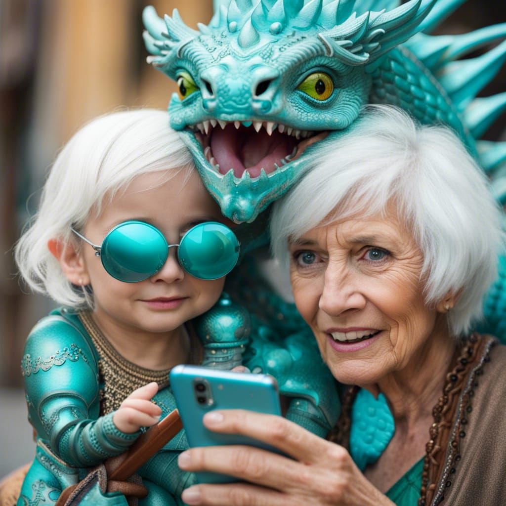 Elderly Lady's Selfie with a Cute Dragon