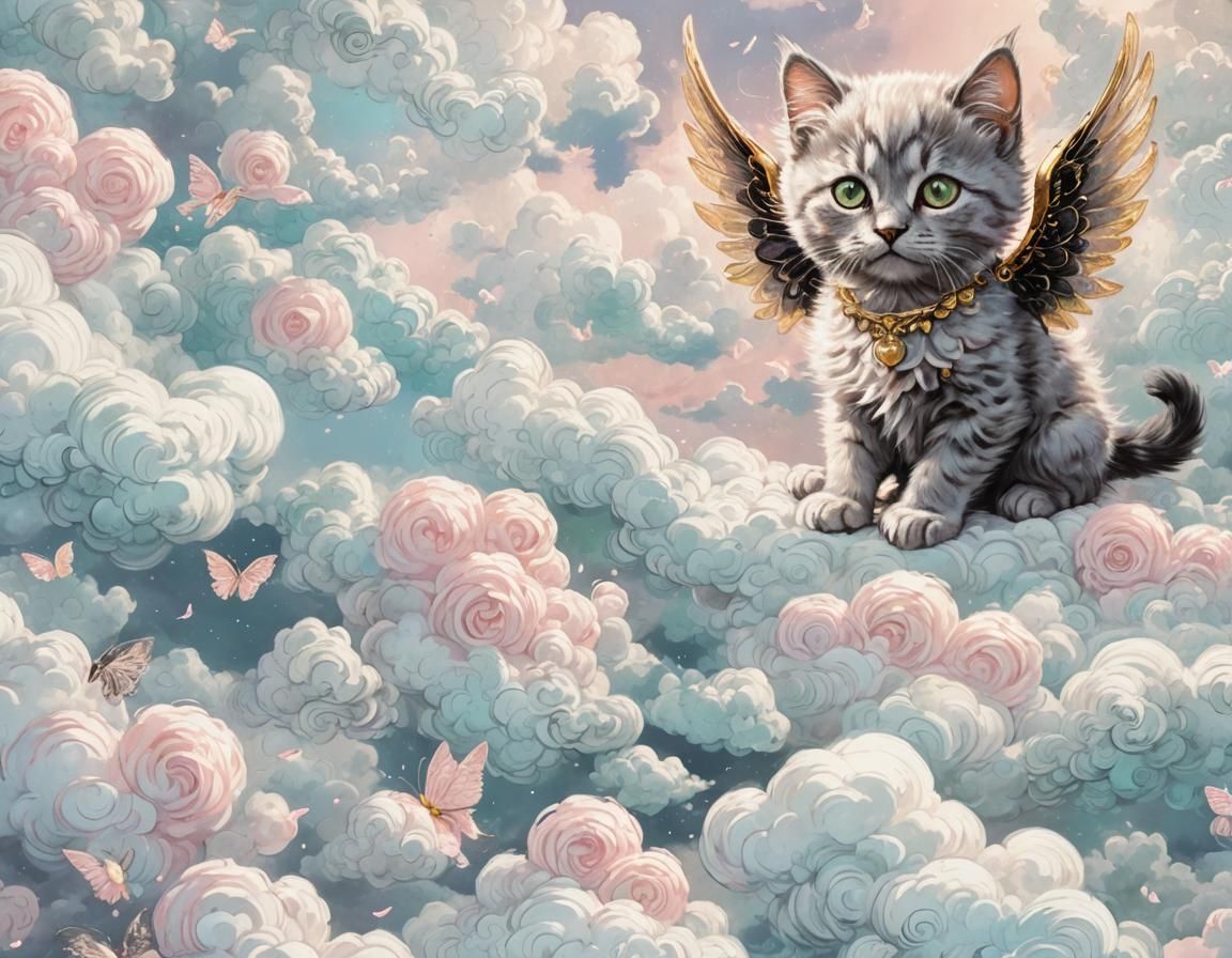 Black Kitten with Wings in Pastel Pink Clouds